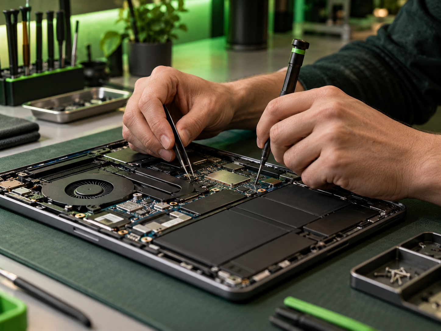 Técnico realizando manutenção na placa de um notebook
