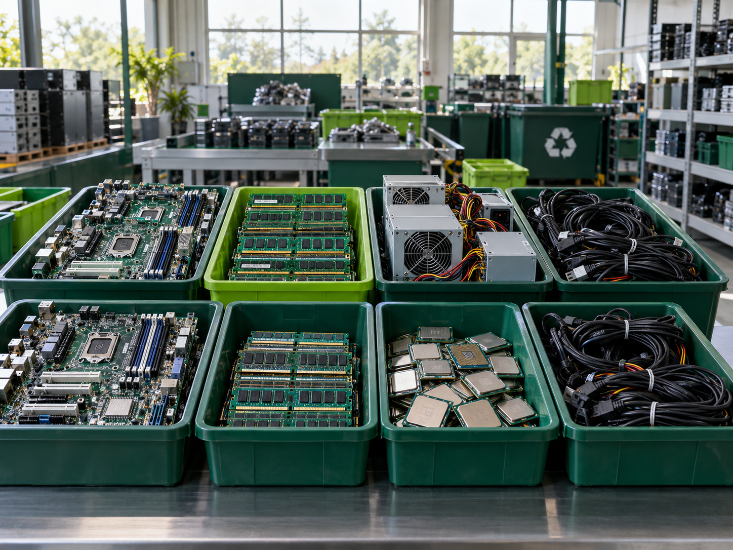 Componentes eletrônicos separados e organizados para reciclagem