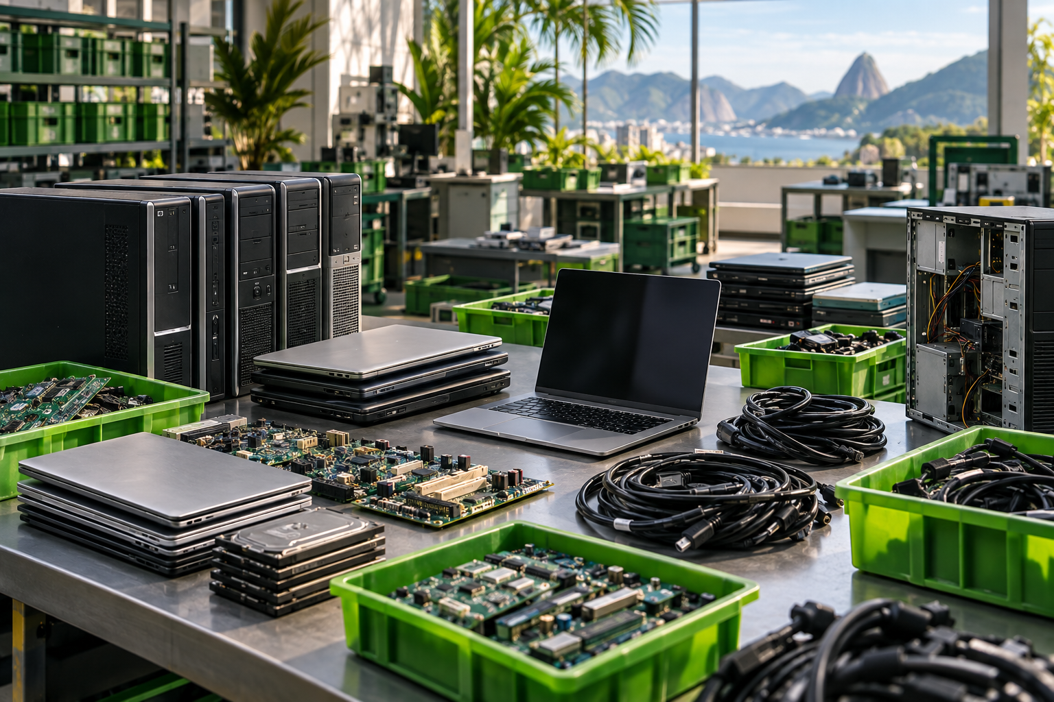 Computadores, placas eletrônicas e cabos separados para reciclagem responsável